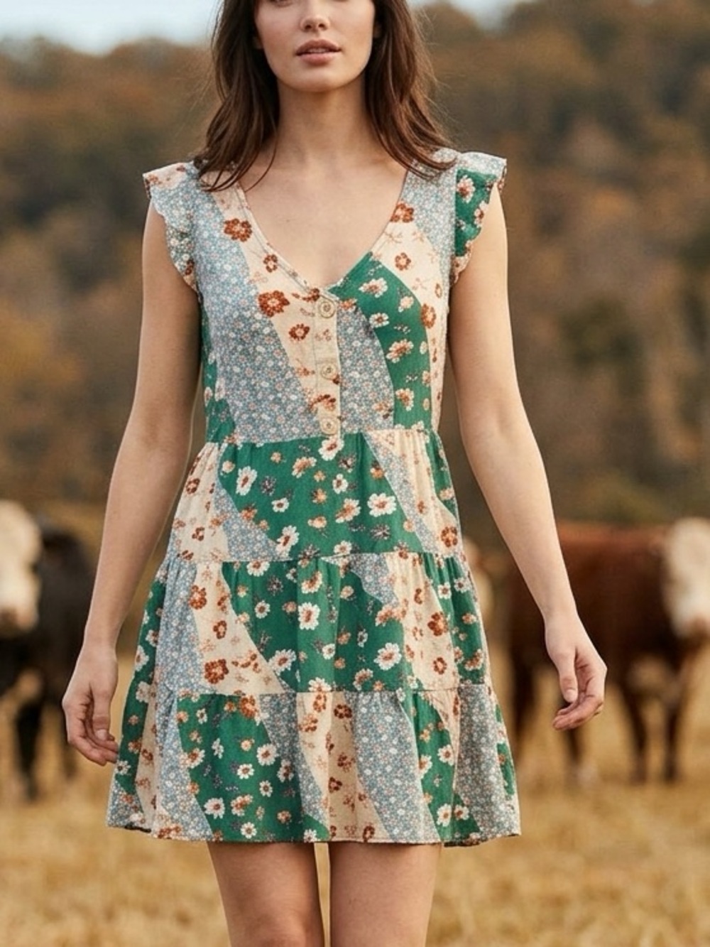 Day to Day - Green Floral Patchwork Tiered Mini Dress with Button Front